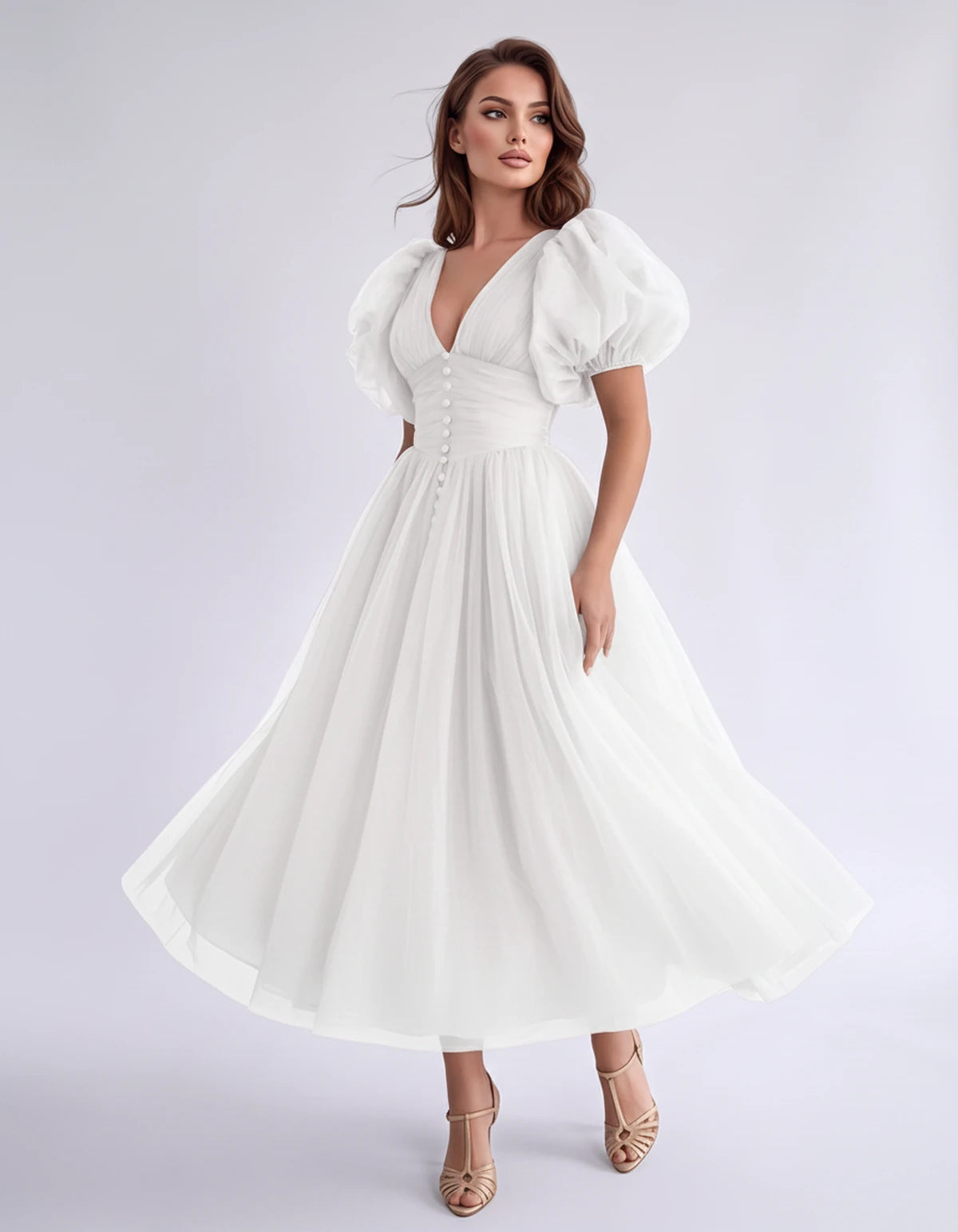 Nectaria Midi Dresses — White | SKU: RB-410678-white-2,RB-410678-white-4,RB-410678-white-6,RB-410678-white-8,RB-410678-white-10,RB-410678-white-12,RB-410678-white-14,RB-410678-white-16,RB-410678-white-16W,RB-410678-white-18W,RB-410678-white-20W,RB-410678-white-22W