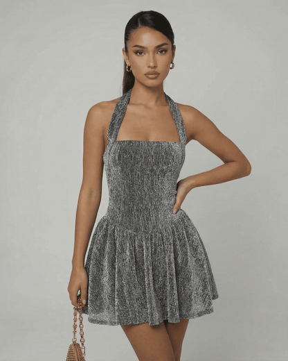 Neda Mini Dress in silver velvet, A-line silhouette, perfect for elegance, by RAMBLION.