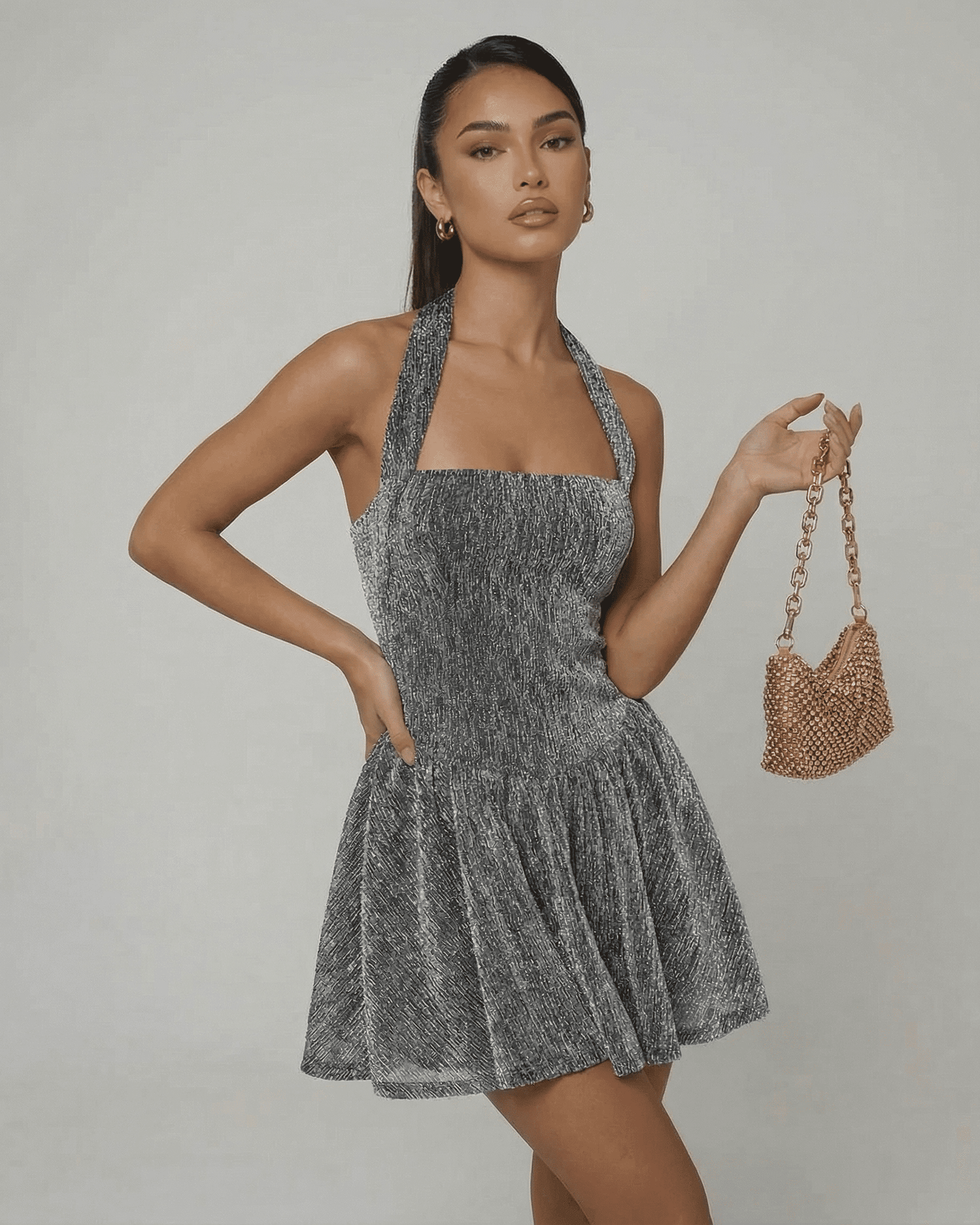 Neda Mini Dress by RAMBLION, silver velvet, halter design, elegant A-line, perfect for special occasions.