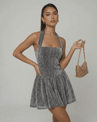 Neda Mini Dress by RAMBLION, silver velvet, halter design, elegant A-line, perfect for special occasions.