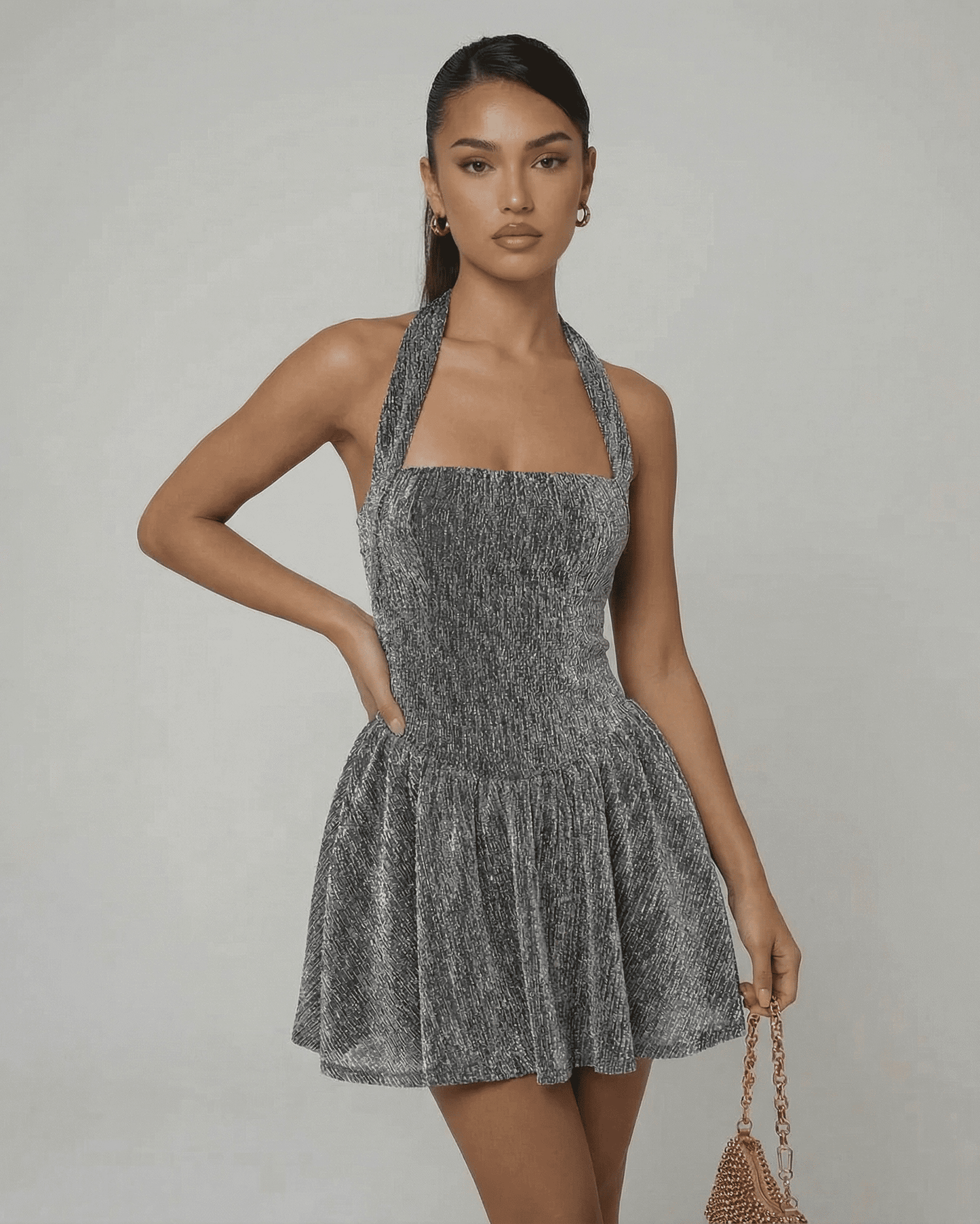 Neda Mini Dress in silver velvet, halter design. Perfect for elegant occasions, from RAMBLION brand.