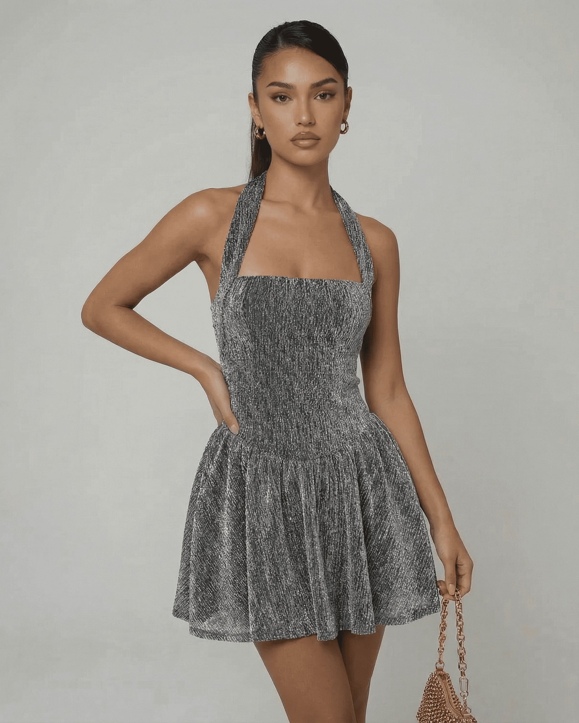 Neda Mini Dress in silver velvet, halter design. Perfect for elegant occasions, from RAMBLION brand.