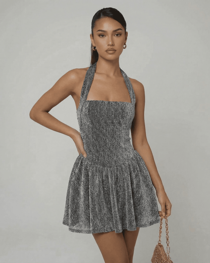 Neda Mini Dress in silver velvet, halter design. Perfect for elegant occasions, from RAMBLION brand.
