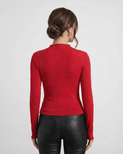 Nela Blouse red mini dress, long sleeves, round neck, elegant style by RAMBLION, perfect for sophisticated occasions.