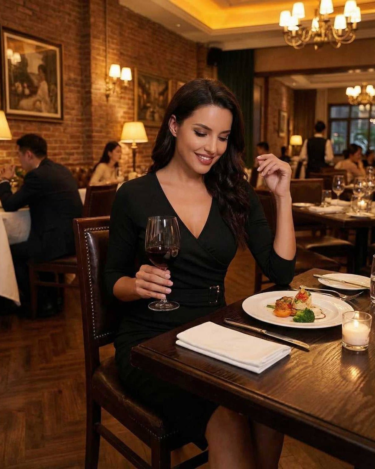 Woman in a black Neoprene Midi Dress enjoying dinner, showcasing elegance and style in a fine dining restaurant.