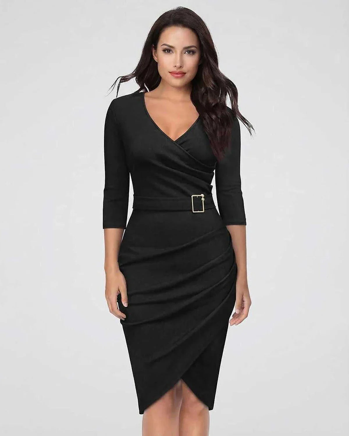 Black Bodycon V-Neck Sleeveless Midi Dress | Black-Tie Events, Evening Parties, Day-to-Night & Brunch, front view | Ramblion | SKU: NMD-874209365-black-L-1758,NMD-874209365-black-M-5559,NMD-874209365-black-S-8229,NMD-874209365-black-XL-5720,NMD-874209365-black-XS-6858