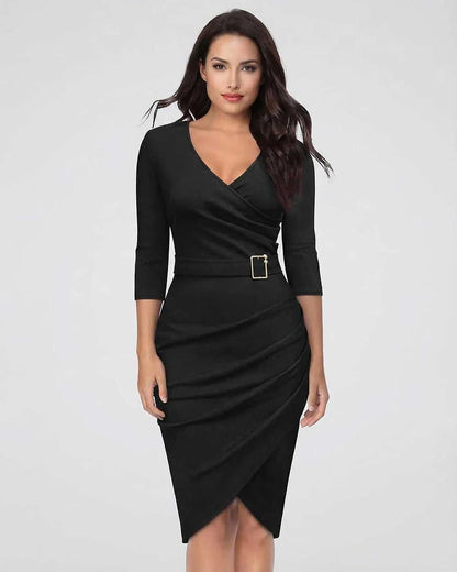 Black Bodycon V-Neck Sleeveless Midi Dress | Black-Tie Events, Evening Parties, Day-to-Night & Brunch, front view | Ramblion | SKU: NMD-874209365-black-L-1758,NMD-874209365-black-M-5559,NMD-874209365-black-S-8229,NMD-874209365-black-XL-5720,NMD-874209365-black-XS-6858