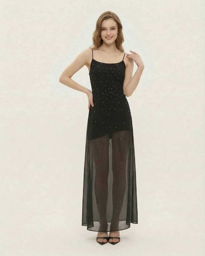 Neva Maxi Dress by RAMBLION, black ankle-length, A-line silhouette, sheer mesh with glitter, perfect for elegant occasions.