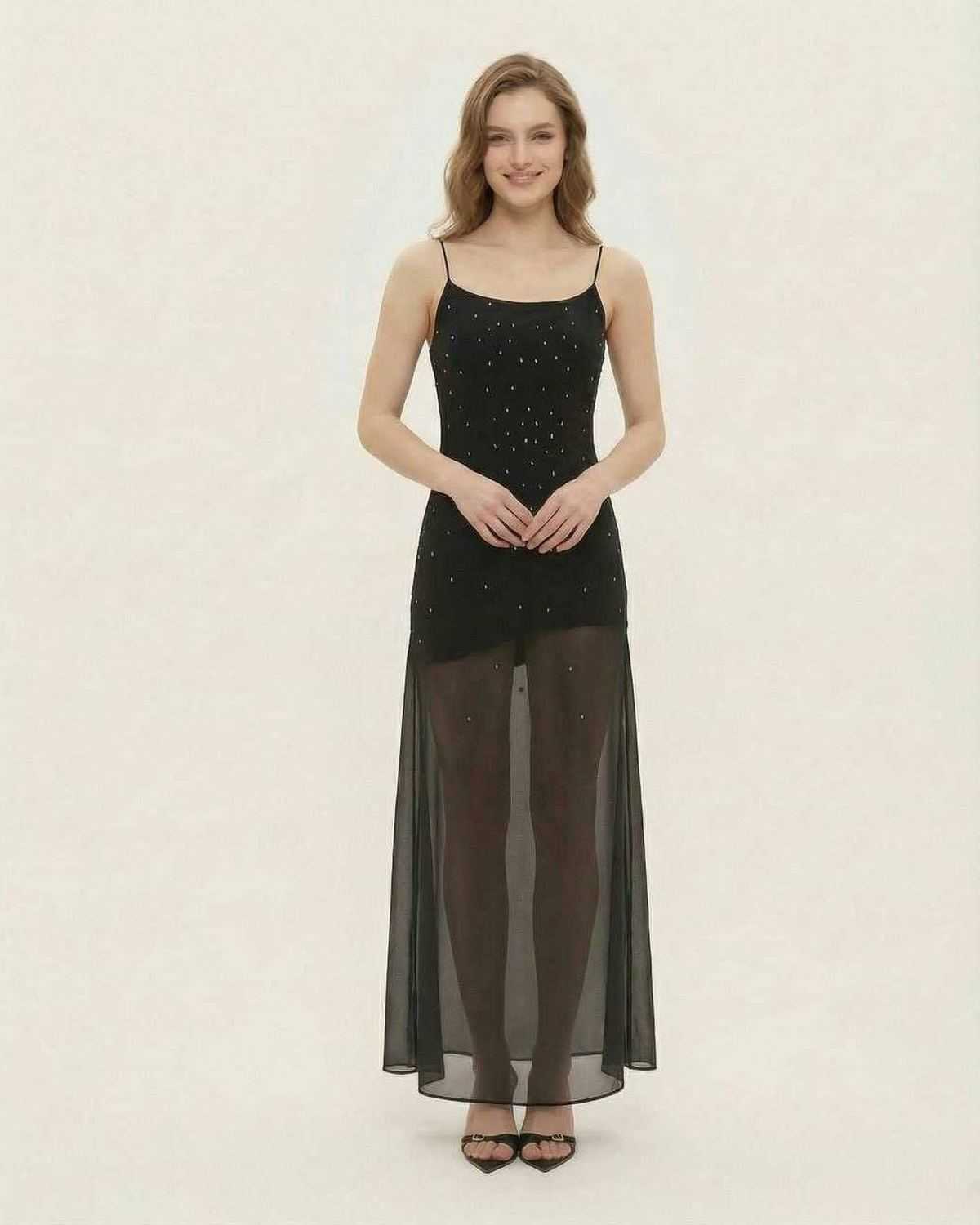 Neva Maxi Dress by RAMBLION, black ankle-length dress with semi-sheer skirt, glitter accents for special occasions