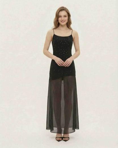 Neva Maxi Dress by RAMBLION, black ankle-length dress with semi-sheer skirt, glitter accents for special occasions