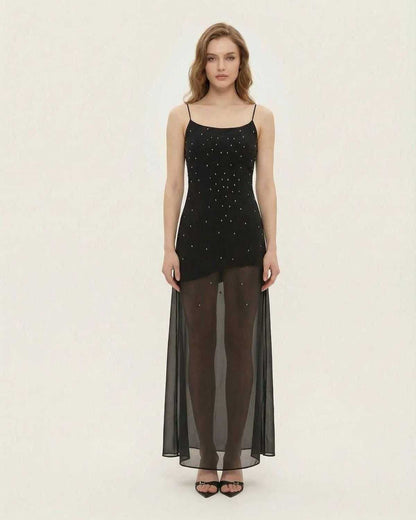 Neva Maxi Dress by RAMBLION, black ankle-length dress with A-line silhouette, sheer paneling, perfect for special occasions.