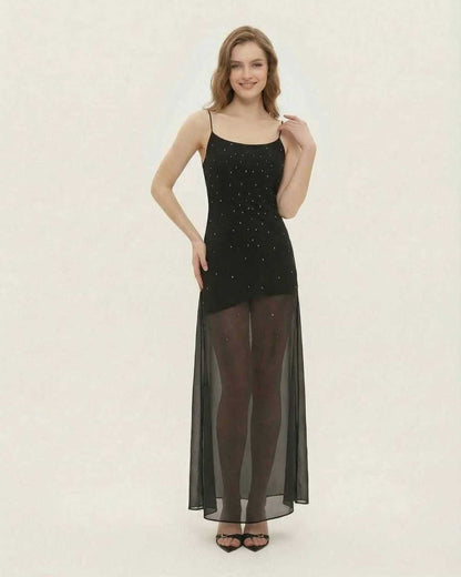 Neva Maxi Dress by RAMBLION, black ankle-length, A-line silhouette with sheer paneling, perfect for special occasions.