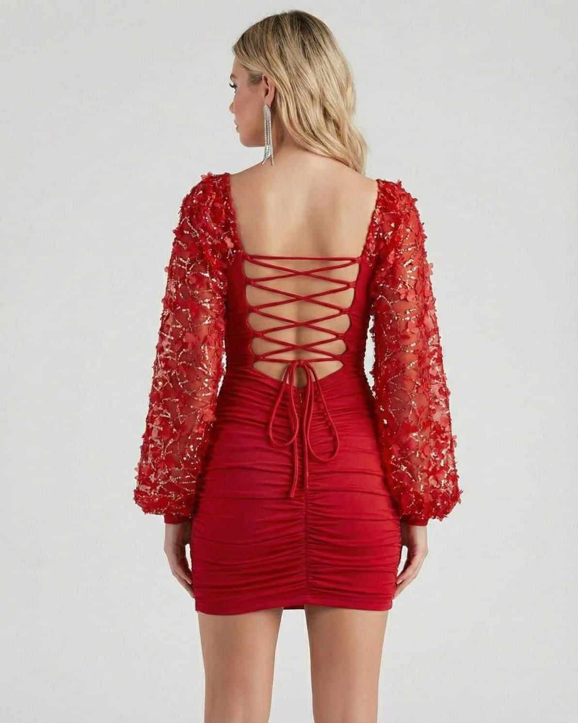 Back view of Neva Mini Dress by RAMBLION, red, square neck, ruched design, perfect for social occasions.