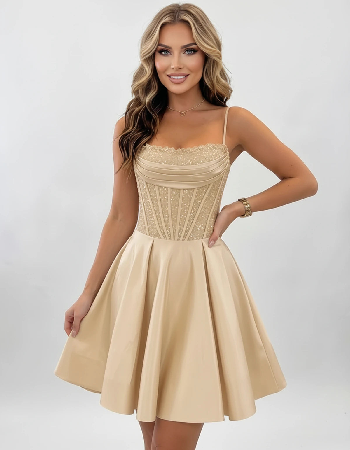 Nevaeh Mini Dresses — Champagne | SKU: RB-62232d-champa2e-2,RB-62232d-champa2e-4,RB-62232d-champa2e-6,RB-62232d-champa2e-8,RB-62232d-champa2e-10,RB-62232d-champa2e-12,RB-62232d-champa2e-14,RB-62232d-champa2e-16,RB-62232d-champa2e-16W,RB-62232d-champa2e-18W,RB-62232d-champa2e-20W,RB-62232d-champa2e-22W