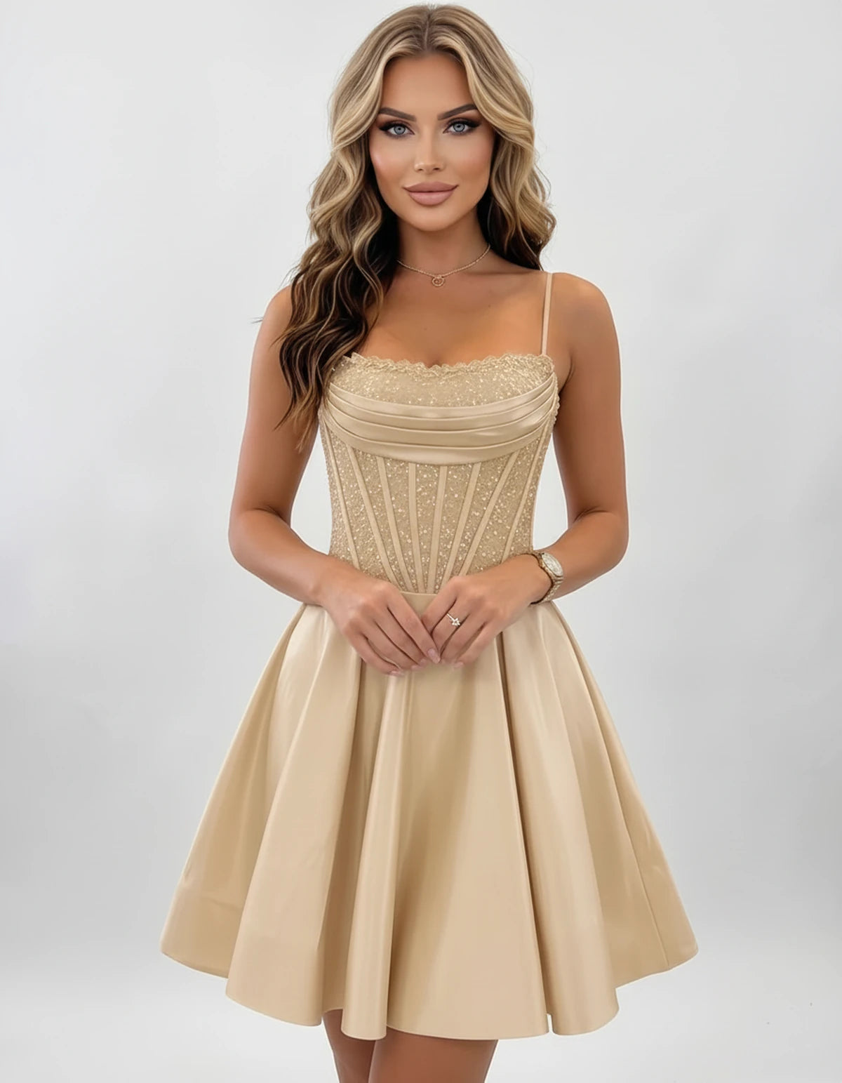 Nevaeh Mini Dresses — Champagne | SKU: RB-62232d-champa2e-2,RB-62232d-champa2e-4,RB-62232d-champa2e-6,RB-62232d-champa2e-8,RB-62232d-champa2e-10,RB-62232d-champa2e-12,RB-62232d-champa2e-14,RB-62232d-champa2e-16,RB-62232d-champa2e-16W,RB-62232d-champa2e-18W,RB-62232d-champa2e-20W,RB-62232d-champa2e-22W