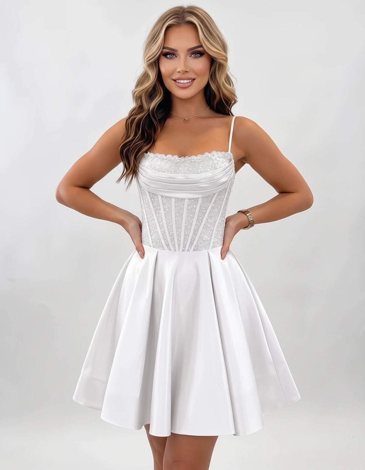 Nevaeh Mini Dresses — White | SKU: RB-62232d-white-2,RB-62232d-white-4,RB-62232d-white-6,RB-62232d-white-8,RB-62232d-white-10,RB-62232d-white-12,RB-62232d-white-14,RB-62232d-white-16,RB-62232d-white-16W,RB-62232d-white-18W,RB-62232d-white-20W,RB-62232d-white-22W