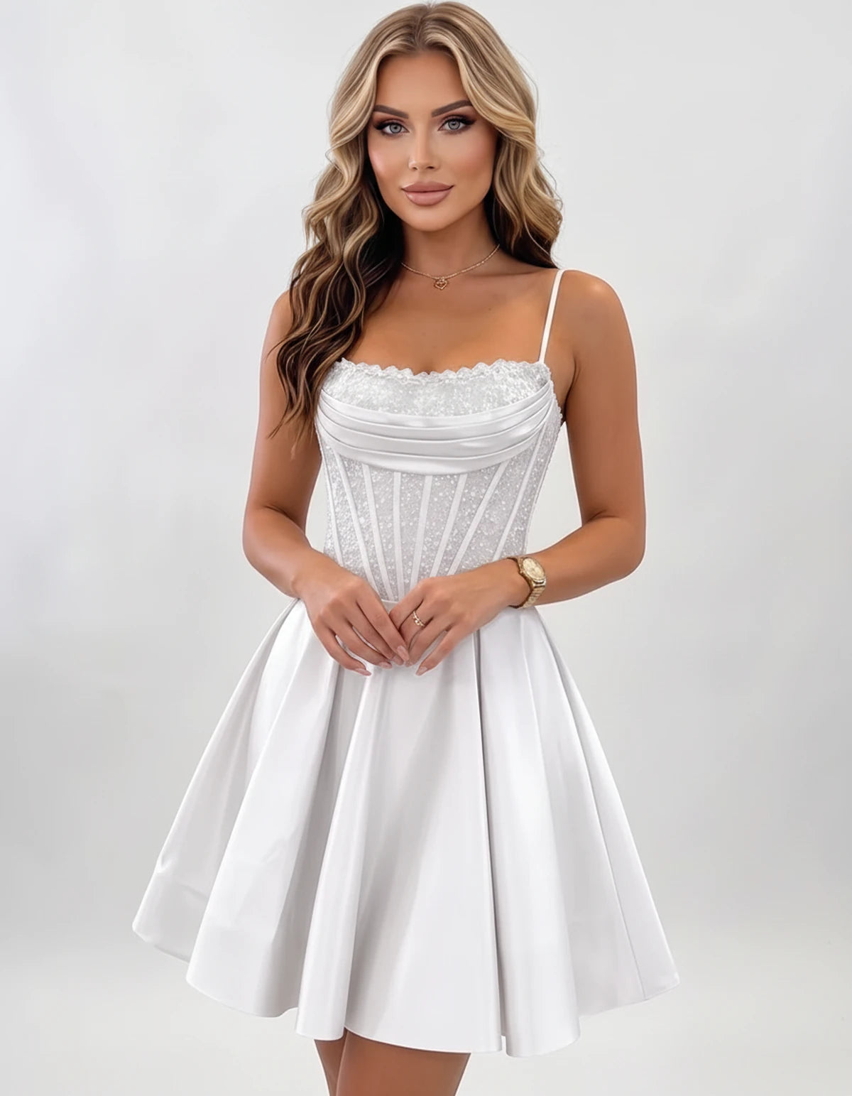 Nevaeh Mini Dresses — White | SKU: RB-62232d-white-2,RB-62232d-white-4,RB-62232d-white-6,RB-62232d-white-8,RB-62232d-white-10,RB-62232d-white-12,RB-62232d-white-14,RB-62232d-white-16,RB-62232d-white-16W,RB-62232d-white-18W,RB-62232d-white-20W,RB-62232d-white-22W