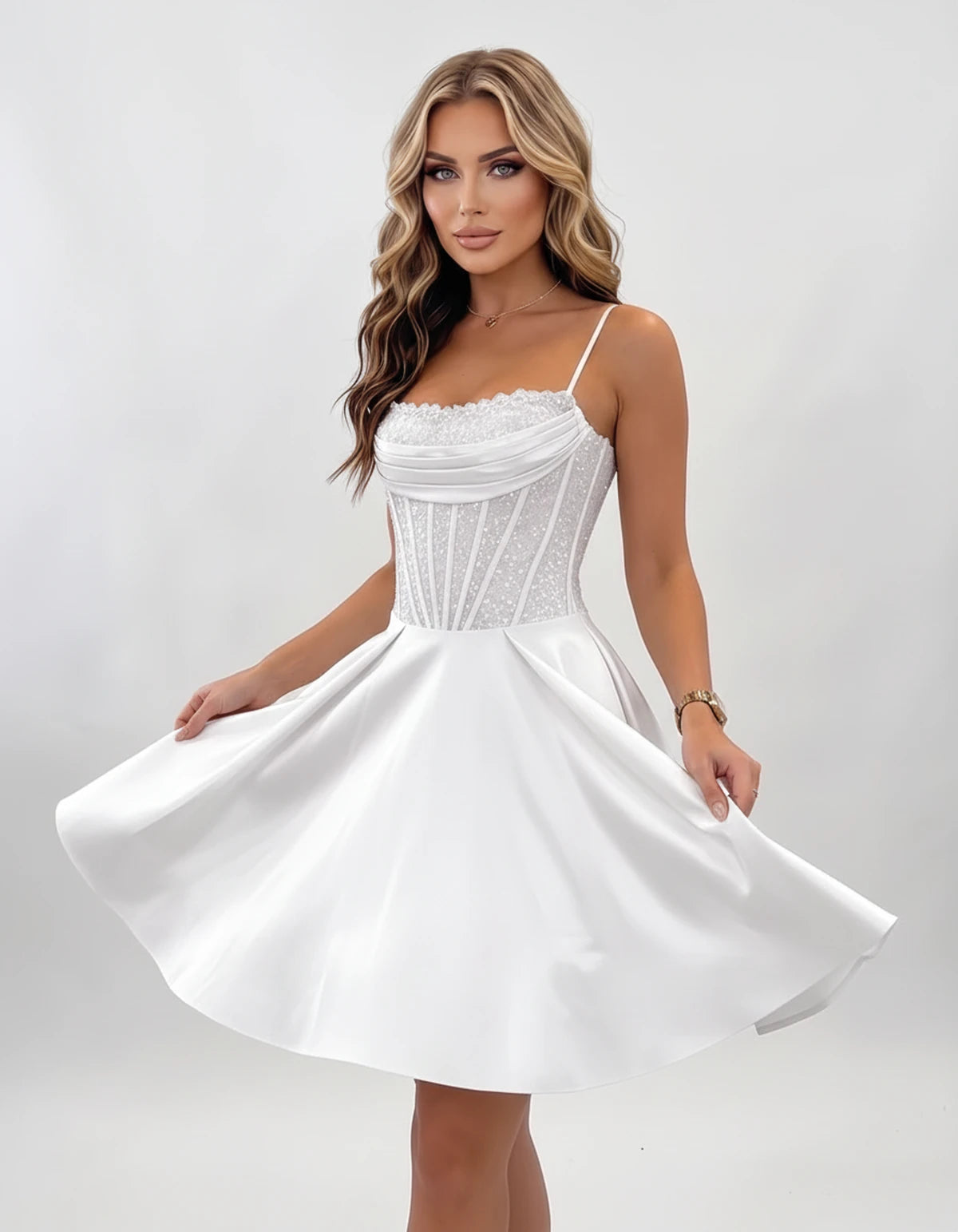 Nevaeh Mini Dresses — White | SKU: RB-62232d-white-2,RB-62232d-white-4,RB-62232d-white-6,RB-62232d-white-8,RB-62232d-white-10,RB-62232d-white-12,RB-62232d-white-14,RB-62232d-white-16,RB-62232d-white-16W,RB-62232d-white-18W,RB-62232d-white-20W,RB-62232d-white-22W