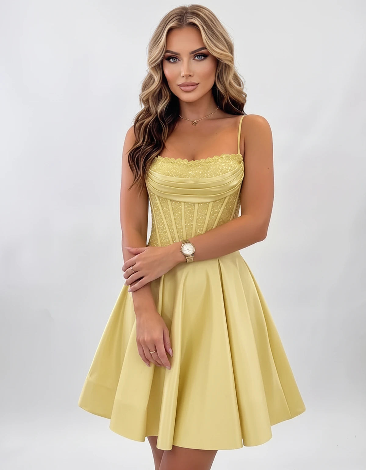 Nevaeh Mini Dresses — Yellow | SKU: RB-62232d-yellow-2,RB-62232d-yellow-4,RB-62232d-yellow-6,RB-62232d-yellow-8,RB-62232d-yellow-10,RB-62232d-yellow-12,RB-62232d-yellow-14,RB-62232d-yellow-16,RB-62232d-yellow-16W,RB-62232d-yellow-18W,RB-62232d-yellow-20W,RB-62232d-yellow-22W