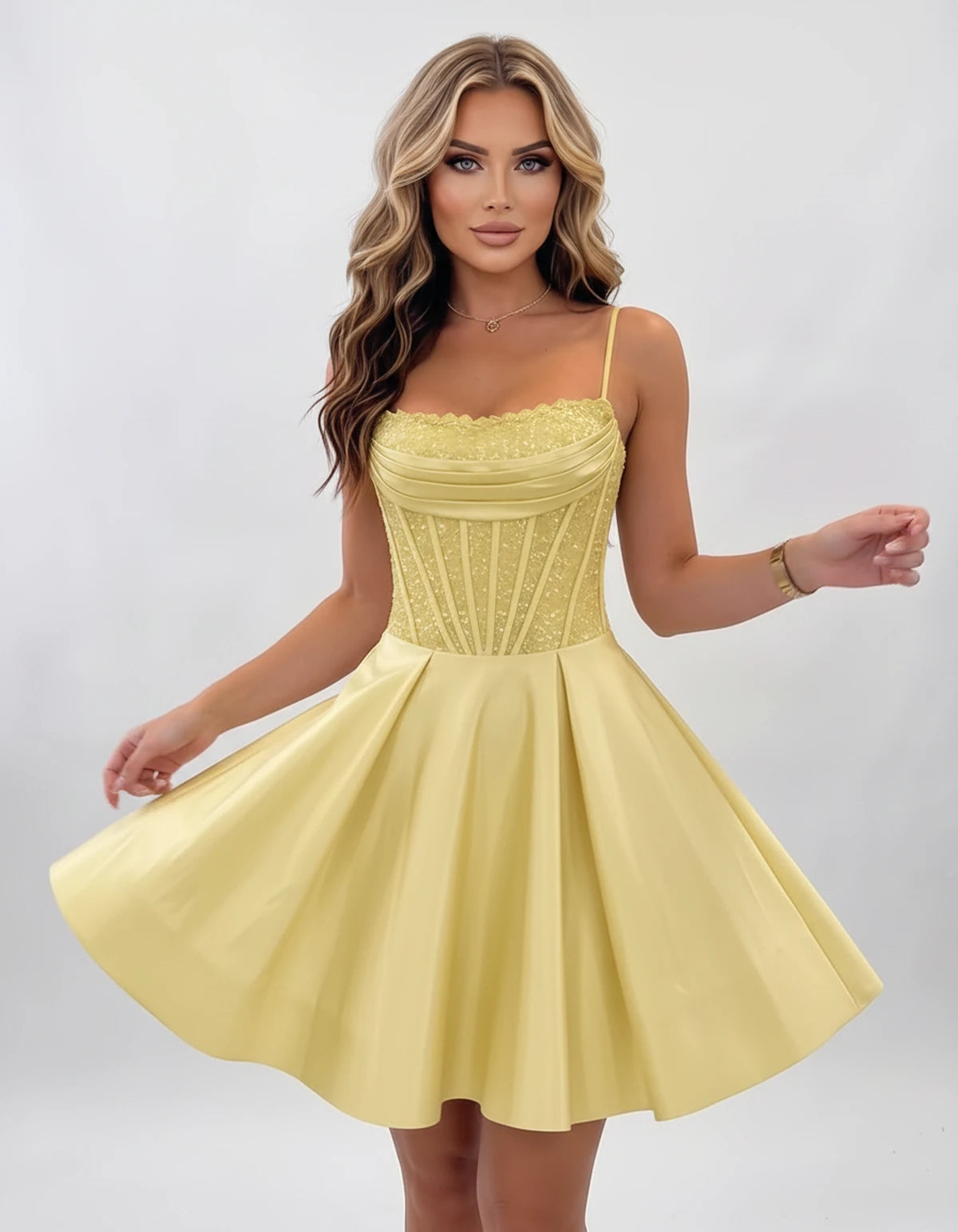 Nevaeh Mini Dresses — Yellow | SKU: RB-62232d-yellow-2,RB-62232d-yellow-4,RB-62232d-yellow-6,RB-62232d-yellow-8,RB-62232d-yellow-10,RB-62232d-yellow-12,RB-62232d-yellow-14,RB-62232d-yellow-16,RB-62232d-yellow-16W,RB-62232d-yellow-18W,RB-62232d-yellow-20W,RB-62232d-yellow-22W