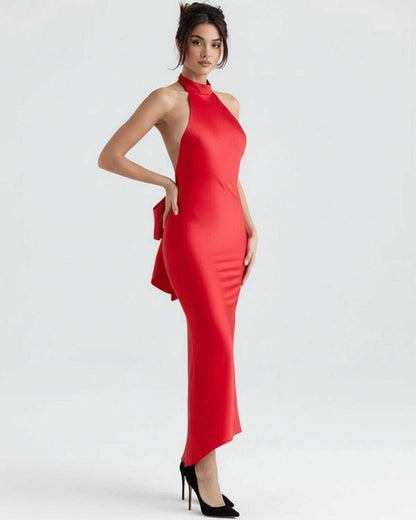 Nida Maxi Dress in red satin, high neck, elegant design, perfect for special occasions by RAMBLION.