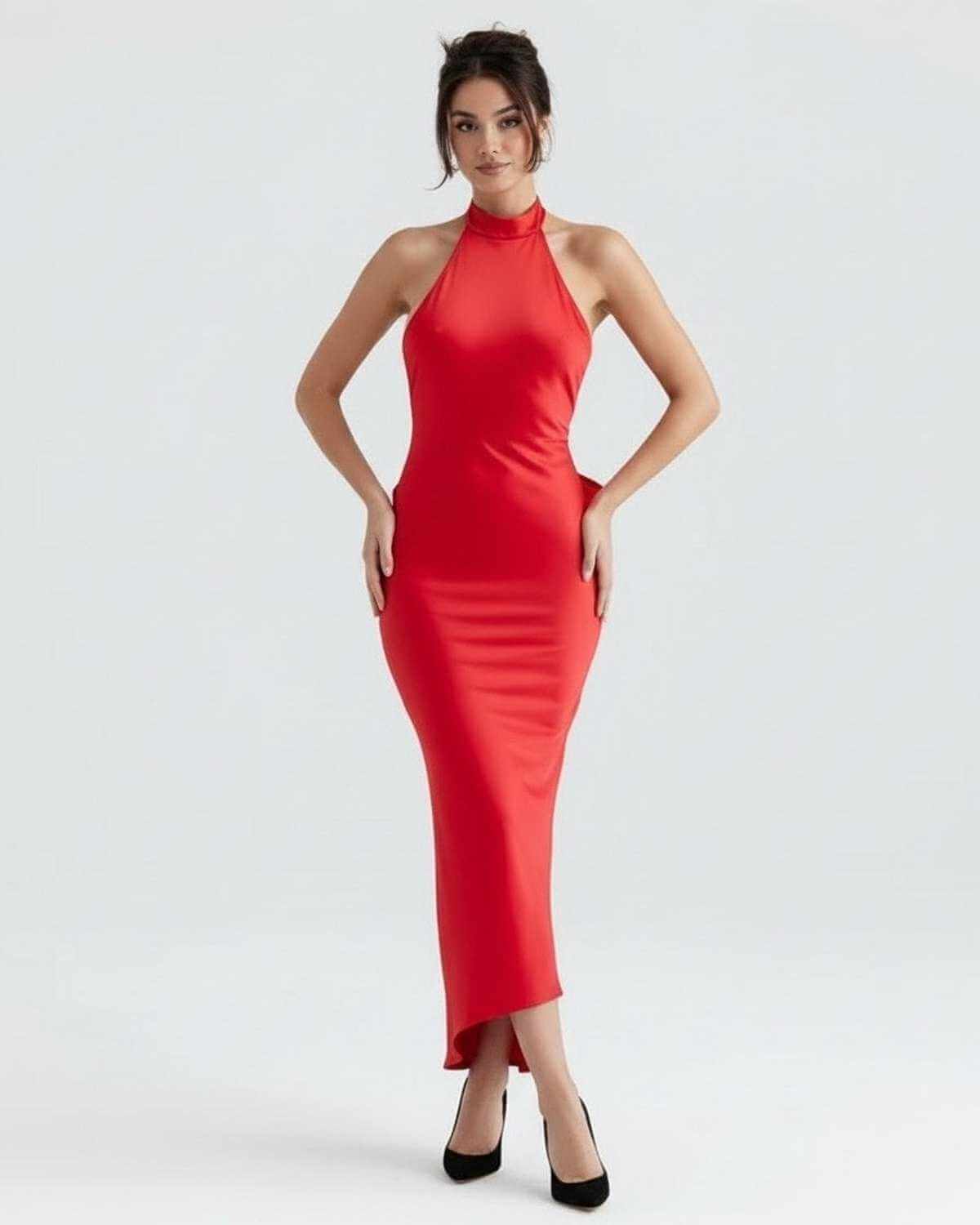 Nida Maxi Dress in vibrant red, high neck design, perfect for elegant occasions, made by RAMBLION.