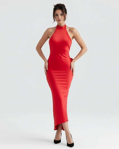 Nida Maxi Dress in vibrant red, high neck design, perfect for elegant occasions, made by RAMBLION.