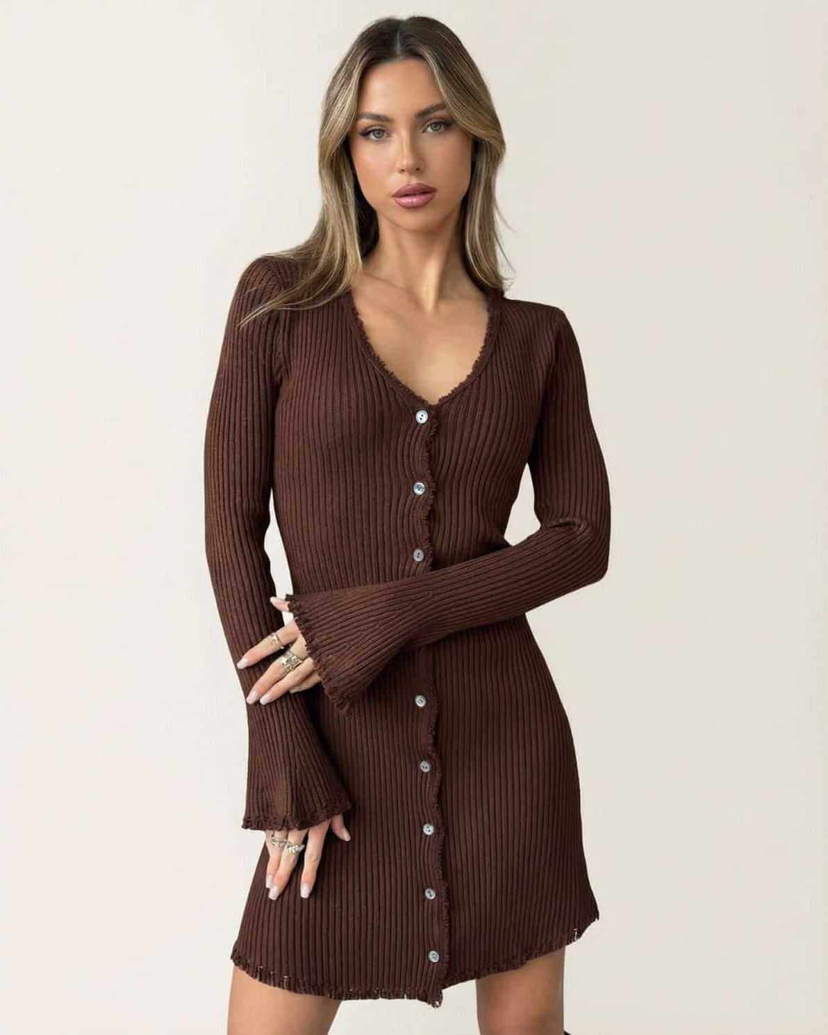 Nida Mini Dress, brown ribbed cotton blend, V neck, fitted silhouette, stylish, sophisticated, for casual occasions by RAMBLION