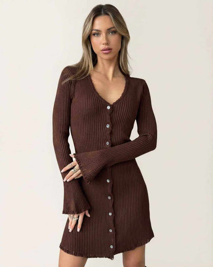 Nida Mini Dress, brown ribbed cotton blend, V neck, fitted silhouette, stylish, sophisticated, for casual occasions by RAMBLION