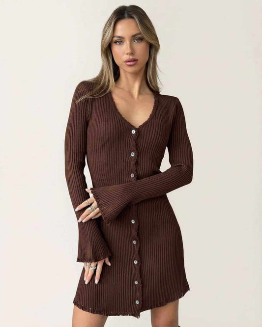 Nida Mini Dress, brown ribbed cotton blend, V neck, fitted silhouette, stylish, sophisticated, for casual occasions by RAMBLION