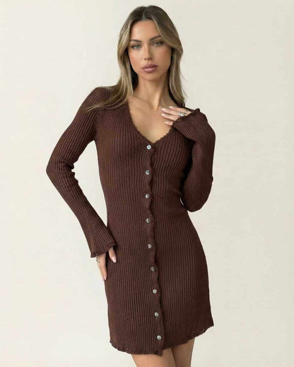 Nida Mini Dress by RAMBLION, brown cotton dress with V neck, ribbed texture, stylish elegance for casual occasions