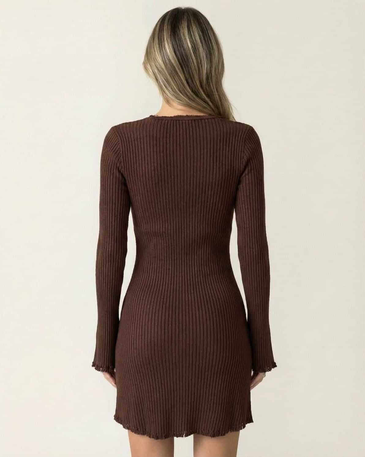 Nida Mini Dress by RAMBLION, brown ribbed cotton blend, fitted silhouette, stylish and elegant for any occasion.