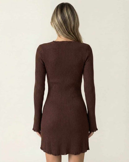 Nida Mini Dress by RAMBLION, brown ribbed cotton blend, fitted silhouette, stylish and elegant for any occasion.