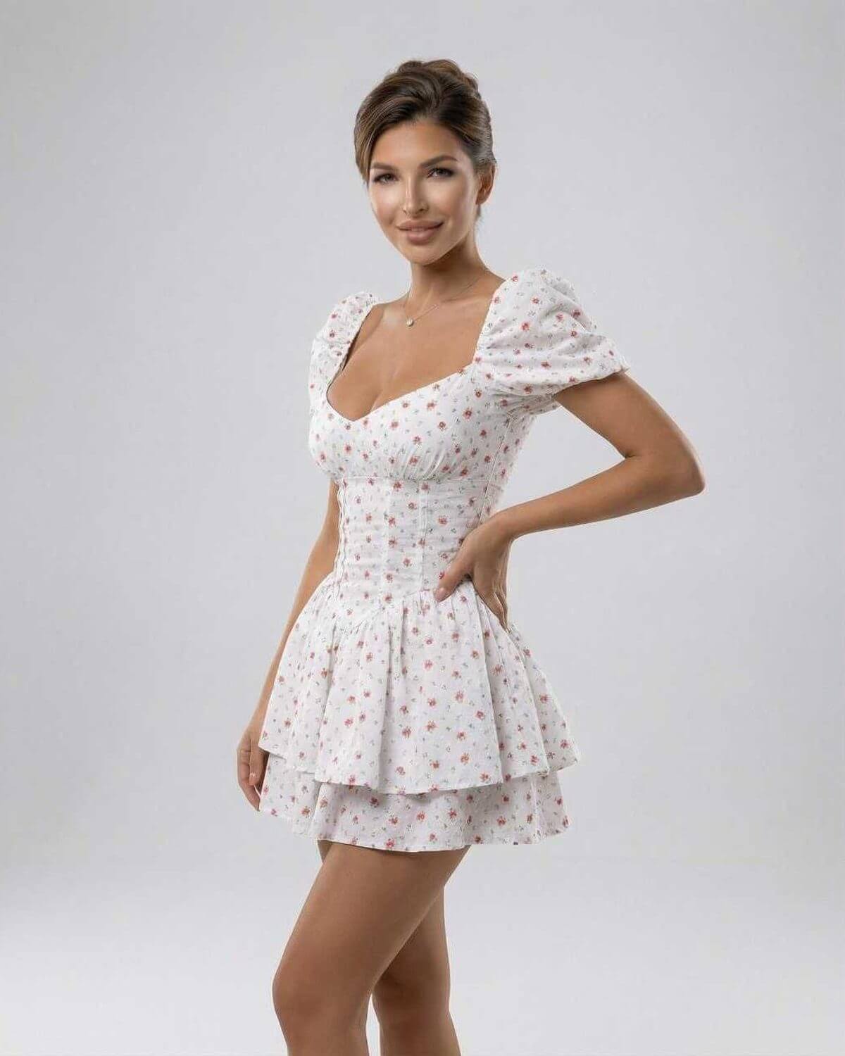 Nima Mini Dress by RAMBLION - White floral cotton dress perfect for warm occasions with a charming A-line silhouette.