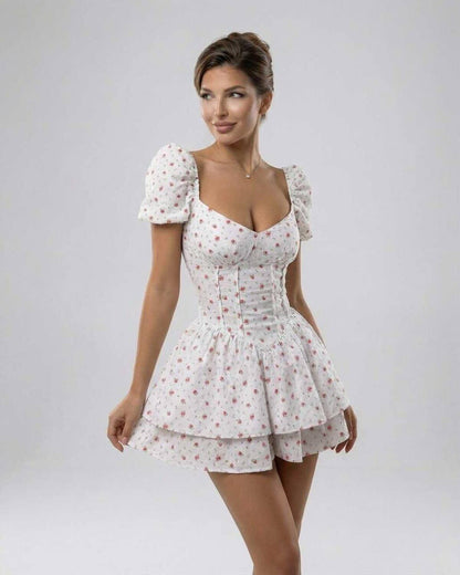 Nima Mini Dress by RAMBLION, white floral A-line mini dress, cute and breezy for warm weather occasions.