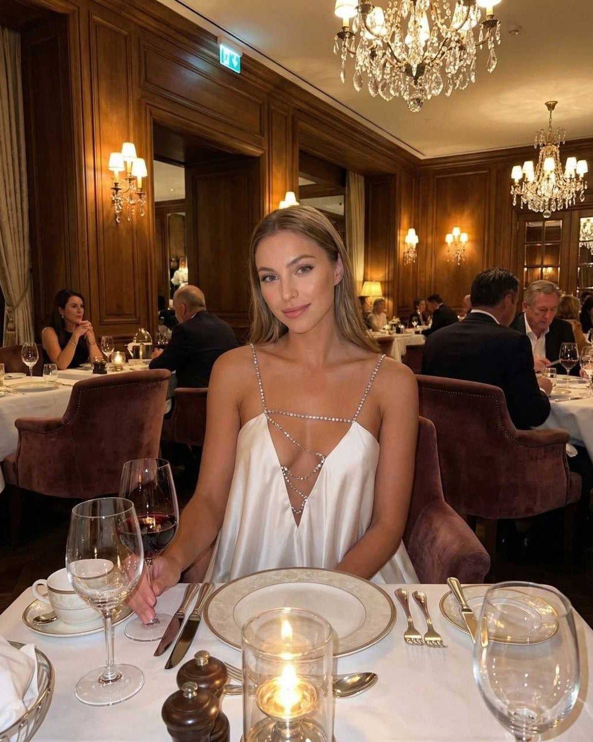 Nina Mini Dress by RAMBLION, featuring luxurious satin, V neck, A-line silhouette, perfect for elegant dining occasions.