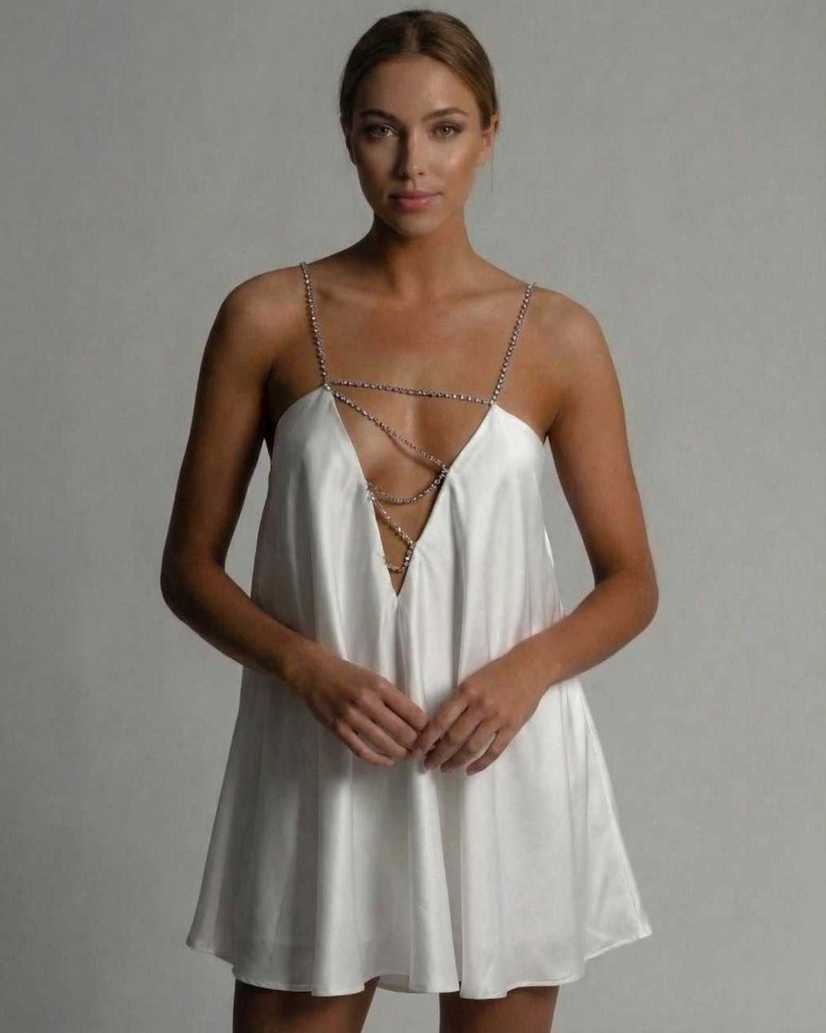 Nina Mini Dress in white satin, featuring V-neck, chic A-line silhouette, perfect for special occasions, by RAMBLION.