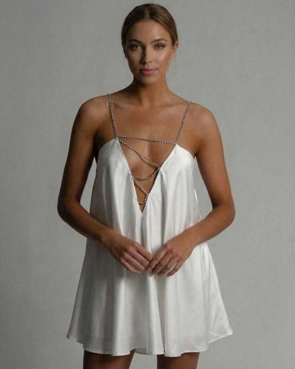 Nina Mini Dress in white satin, featuring V-neck, chic A-line silhouette, perfect for special occasions, by RAMBLION.