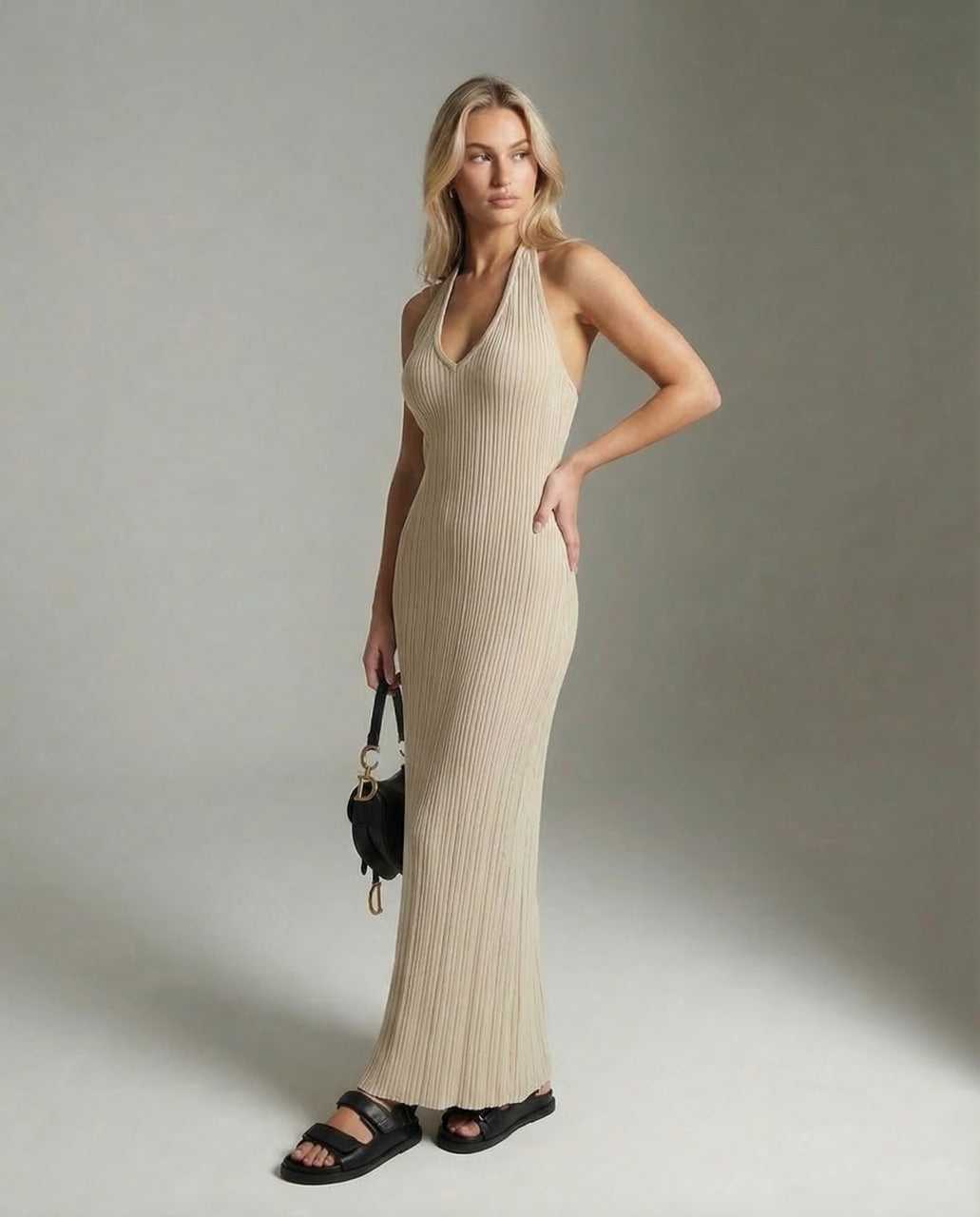 Nira Maxi Dress: Elegant ribbed V neck, ankle-length, perfect for stylish occasions. By RAMBLION.