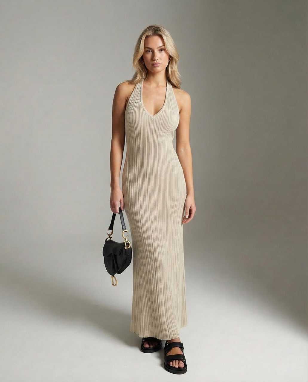 Nira Maxi Dress in beige, V neck, ribbed texture, ankle-length, stylish and comfortable, perfect for casual outings by RAMBLION.