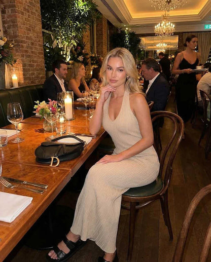 Beige Satin Gown V-Neck Sleeveless Maxi Dress | Black-Tie Events & Casual Wear, lifestyle shot | Ramblion | SKU: SMD-539274801-beige-L-9570,SMD-539274801-beige-M-2231,SMD-539274801-beige-S-2858,SMD-539274801-beige-XL-8935,SMD-539274801-beige-XS-4684