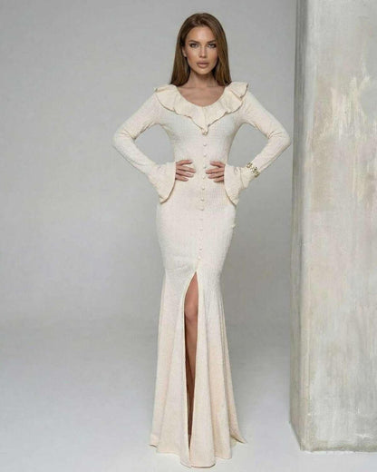 Niva Maxi Dress with ruffle trim, elegant silhouette, perfect for formal occasions by RAMBLION.