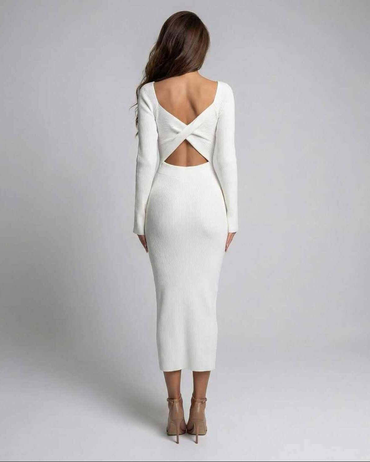 Niva Midi Dress by RAMBLION, white midi-length dress with long sleeves, chic cut-out detail, perfect for modern femininity.
