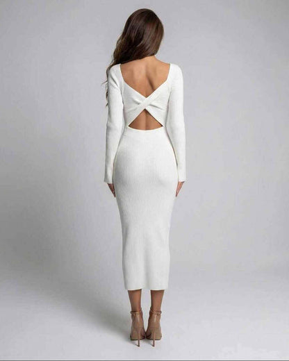 Niva Midi Dress by RAMBLION, white midi-length dress with long sleeves, chic cut-out detail, perfect for modern femininity.