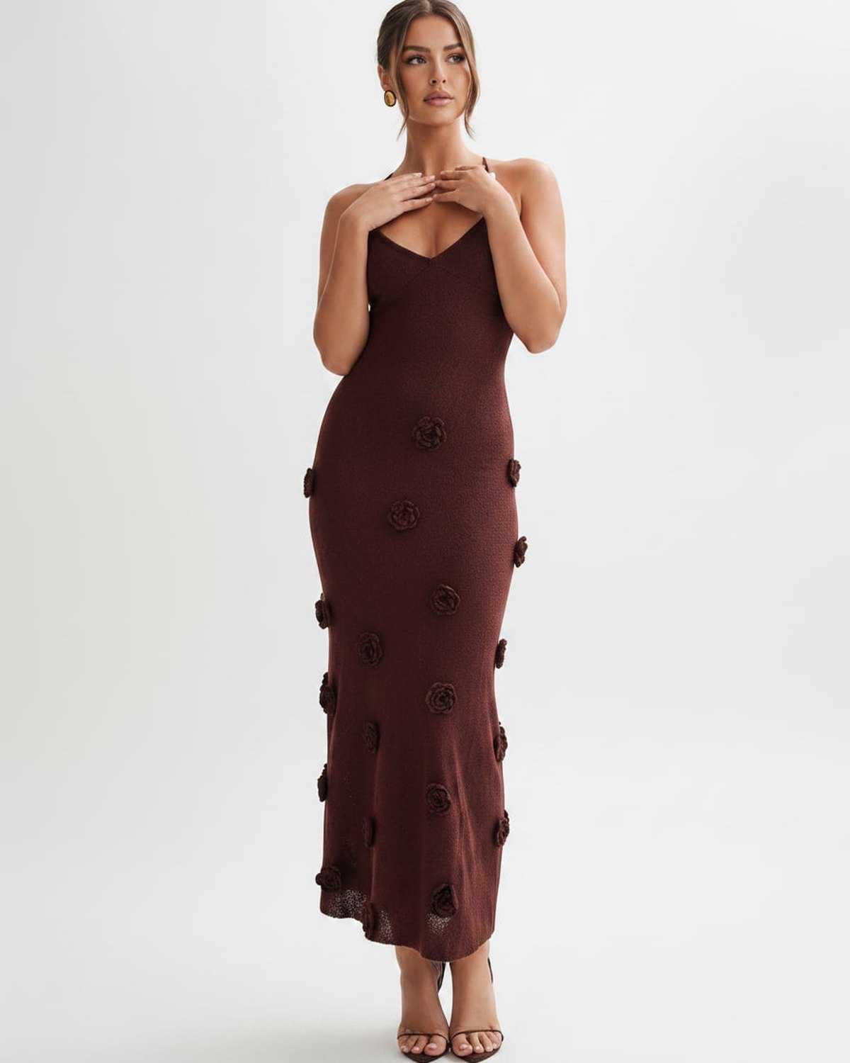 Ramblion Niya midi dress — v-neck neckline · fabric close-up · styled for cocktail season