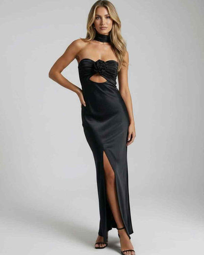 Noir Maxi Dress - Elegant black satin fit and flare gown with strapless neckline and rose detail.