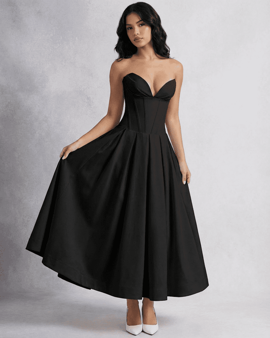 Nova Midi Dress – Elegant strapless corset A-line design with a flowing black skirt, perfect for formal events.