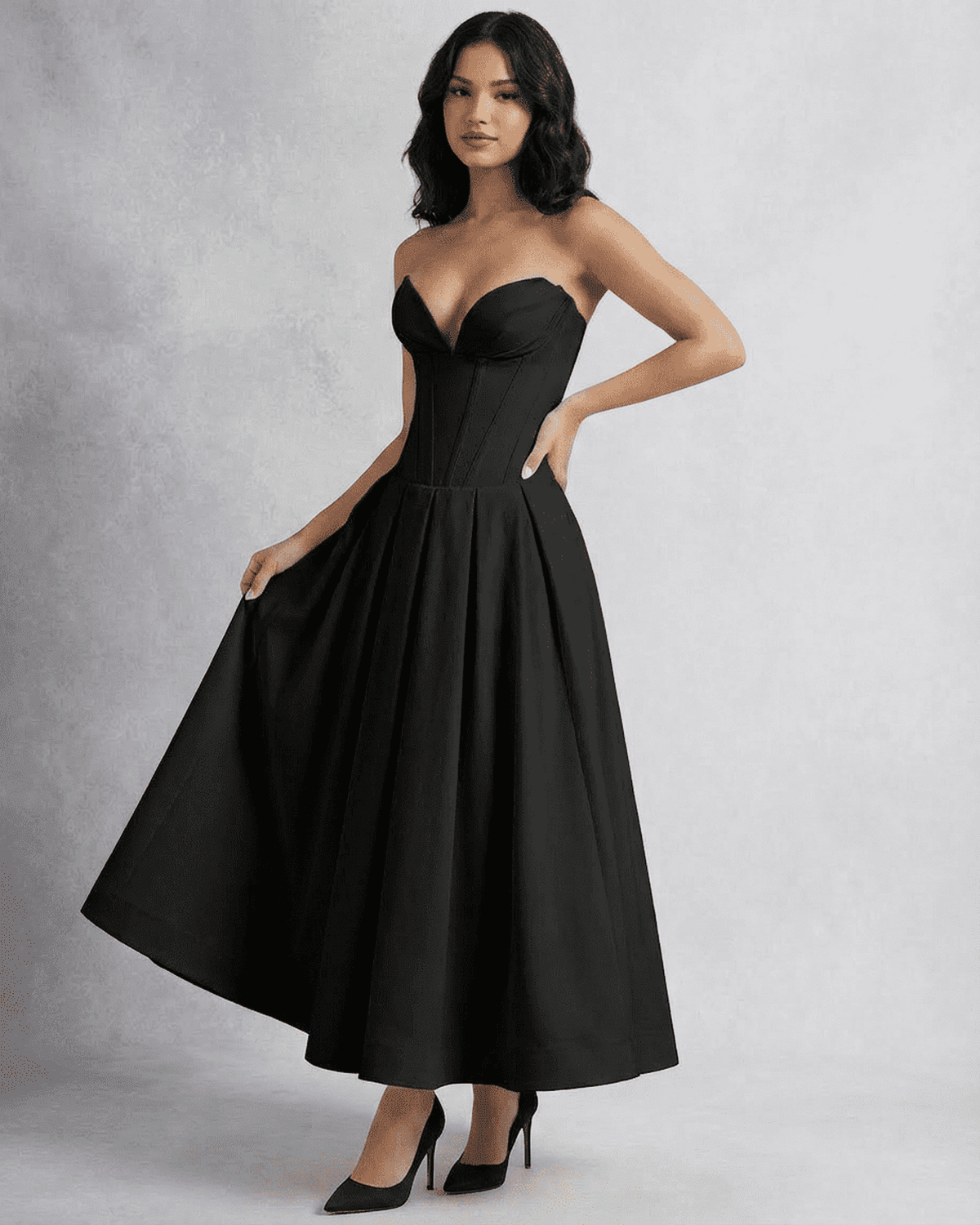 Macu Midi Dress by RAMBLION, black strapless A-line dress perfect for special occasions, crafted from 100% polyester.