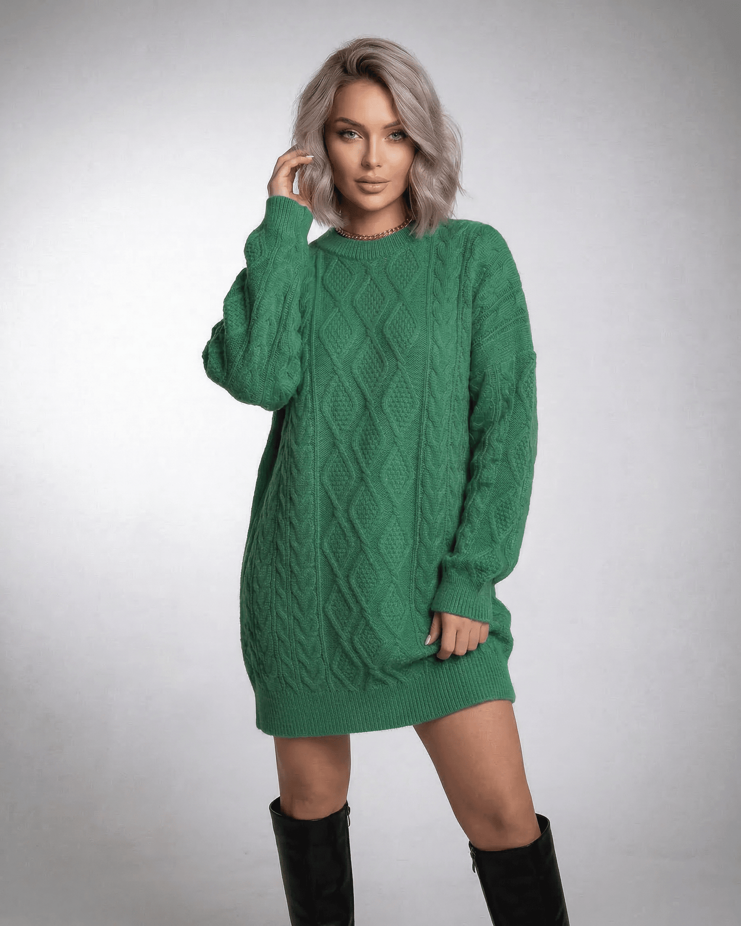 Nova Mini Dress in emerald green, cable knit texture, casual chic style by RAMBLION perfect for weekend outings.
