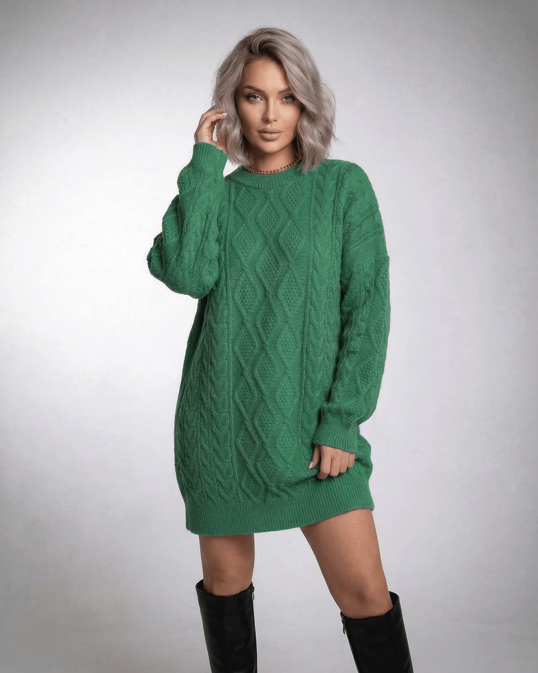 Nova Mini Dress in emerald green, cable knit texture, casual chic style by RAMBLION perfect for weekend outings.